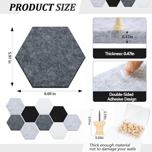 6.7 x 5.9 in 16 Pcs Hexagon Cork Board Tiles, Felt Pin Boards, Grey - Image 2