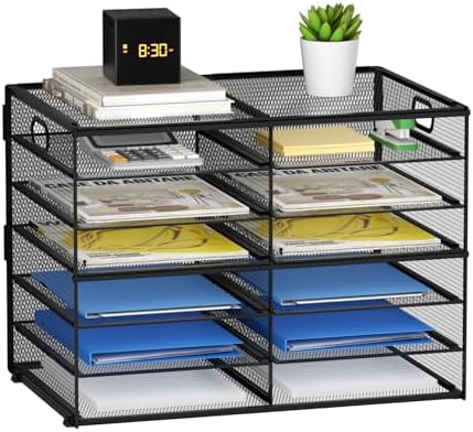 Lavatino 12 Compartments Paper Organizer for Desk, Mesh Literature Organizer, Mail File Sorter Tray with Handle, Desktop Mailbox for Office Classroom Home, Black by Lavatino