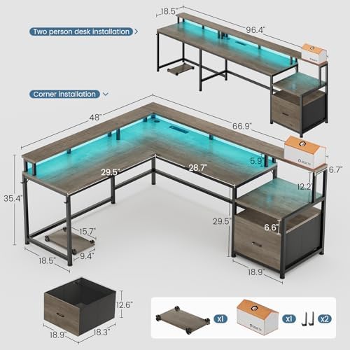 SEDETA 66" Reversible L Shaped Computer Desk with Power Outlet, File Drawer - Image 2