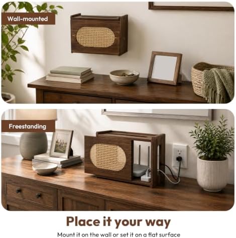 Wooden Wi-Fi Router Box Hider, Rattan Door, Standard Wall Mountable Decorative Modem Shelf, Fits Routers Up to 11" Tall, Power Strip Cable Organizer Rack - Dark Wood Grain - Image 2