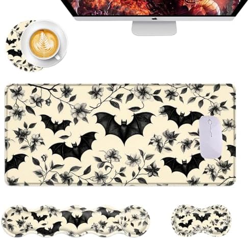 Mouse Pad,Large Desk Mat Set, 4in1 XL Mousepad + Keyboard Wrist Rest+Mouse Wrist Rest+Coaster with Ergonomic Desk Pad for Home Office Table Computer Cover -Floral Bats Pattern by Unknown