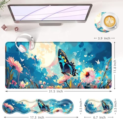 Large Keyboard Mouse Pad Set, Extended Mouse Pad+Keyboard Wrist Rest Support, Memory Foam Ergonomic Easy Typing, 4Pcs (31.5×11.8 in) Desk Pad Set for Office Home,Flowers and Butterflies - Image 6