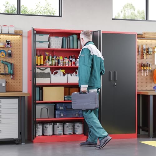 Letaya Metal Garage Storage Cabinets with Lock, 71" Tall Locker Organizer Steel Tool Cabinets,5 Adjustable Shelves 2 Doors for Home Office, Warehouse,Garage,Industrial,Employee (Black Red) - Image 2