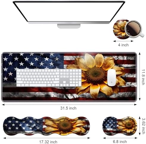Ergonomic Keyboard Wrist Rest & Mouse Pad Wrist Rest Set, Large XXL Gaming Desk Mat 31.5"x 11.8" with Memory Foam, Easy Typing Pain Relief for Office & Home, American Flag Sunflower - Image 2