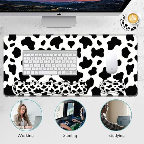 Mouse Pad Set,(31.5×11.8 in) Desk Pad + Keyboard Wrist Rest Support + Mouse Wrist Rest + Coaster for Office,Home,Computer,Laptop - 4 Cute Cow Pattern - Image 6