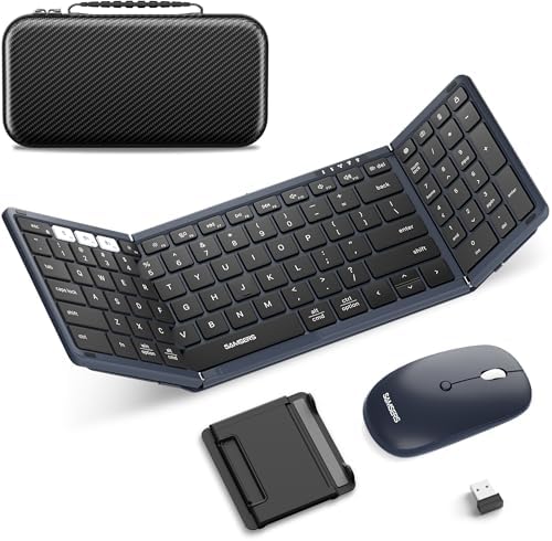 Foldable Keyboard and Mouse, Samsers Folding Bluetooth Keyboard Combo, 2.4G + BT5.0 x 2, Full-Size Portable Travel Keyboard & Rechargeable Wireless Mouse for Windows Android iOS Mac OS, Midnight by HOME