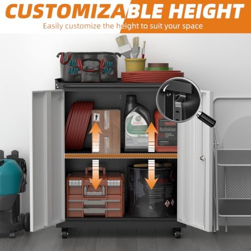 32''H Metal Storage Cabinet with Wheels, Garage Tool Storage Cabinets with Lock, Lockable Steel Rolling Tool Chest with Doors & Adjustable Shelves for Garage, Home, Office - Image 5