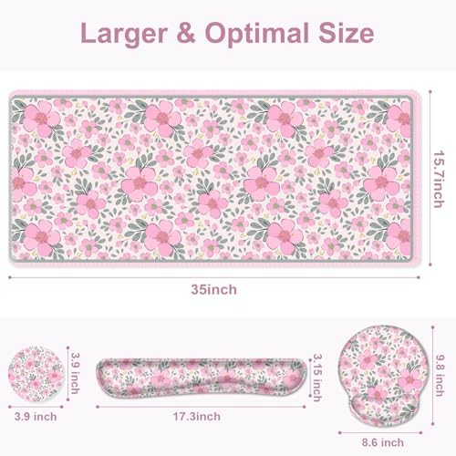 Floral Desk Mat, 4in1 Large Mouse Pad with Wrist Rest, Cute Desk Matt for Desktop, Deskpad Mat, Anti-Slip XXL Computer Ergonomic Mousepad with Wrist Support for Keyboard and Mouse I Pink Flowers - Image 3