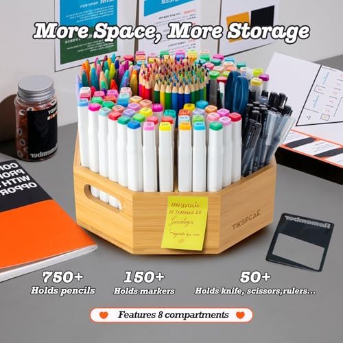 360° Rotating Art Supply Organizer, Holds 750+ Pencils, Bamboo Marker & Pen Holder with Handles, Desk Storage Caddy for Paint Brushes, Crayons, Ideal for Office, Home, Classroom - Image 3