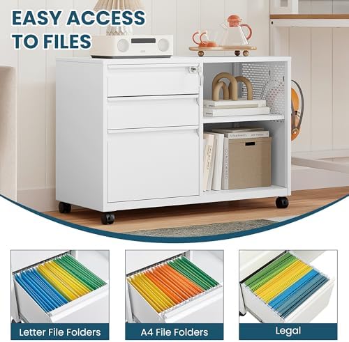 MIIIKO 3 Drawer File Cabinet with Lock, Metal Lateral Rolling Printer Stand Filing Cabinets for Home Office Storage,A4, Letter,File Folders(White) - Image 4