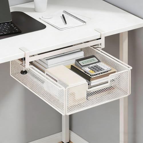 under Desk Drawer Basket Clamp on Container Saving Mesh Metal Desk Attachment File Holder Slide Out Organizer, White S - Image 5