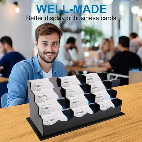 Vevitts Business Card Holder, Acrylic Business Card Display, Clear Desktop Business Card Stand for Exhibition, Home & Office Black 4 Tiers 12 Slots - Image 5