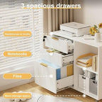 INNOD 3 Drawer Fluted Mobile Filing Cabinet with Lock, Lateral Rolling Under Desk File Cabinet, Wooden Printer Stand Table for Home Office Essentials Storage Organization Furniture Letters/A4(White) - Image 4