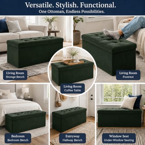 ALASDO 43 Inch Folding Storage Ottoman Bench with Hidden Storage, Velvet Storage Ottoman Foot Rest Stool, End of Bed Bench for Bedroom, Living Room, Entryway and Closet, Dark Green - Image 6
