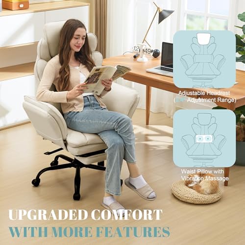 Flip Armrests Criss Cross Office Chair, Reclining Office Chair with Foot Rest, Adjustable Headrest, Massage Waist Pillow, Cross Legged Big and Tall Desk Chair Wide Seat Vanity Chair, Beige PU Leather - Image 4