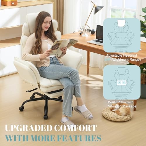 Flip Armrests Criss Cross Office Chair, Reclining Office Chair with Foot Rest, Adjustable Headrest, Massage Waist Pillow, Cross Legged Big and Tall Desk Chair Wide Seat Vanity Chair, White PU Leather - Image 4