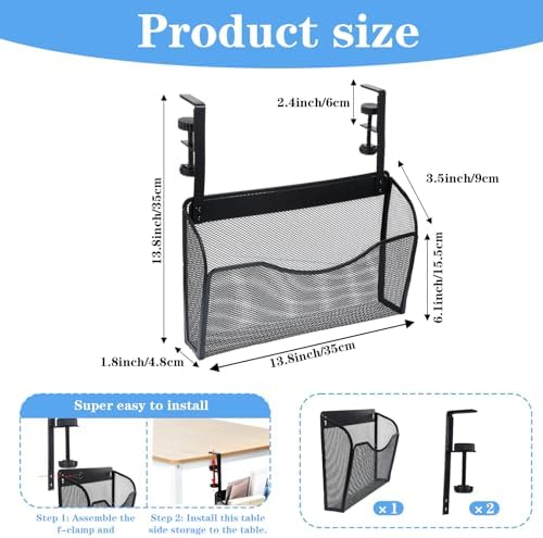 Clamp On Desk Organizer, 2-IN-1 Under Desk Side Organizer Storage, Wall Mounted Mesh File Rack, Hanging Office Organization for Document Magazine Paper School Supplies - Image 2