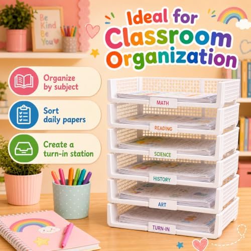 6 Pcs White Turn in Trays Classroom, Stackable Paper Bins for Classroom, 13x9x2.8 inch Plastic Baskets Desktop Organization System Office (White) - Image 7