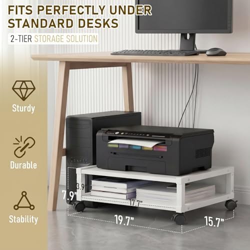 Zonon 2 Tier Printer Stand Under Desk with Wheels, Open Shelf, White - Image 2
