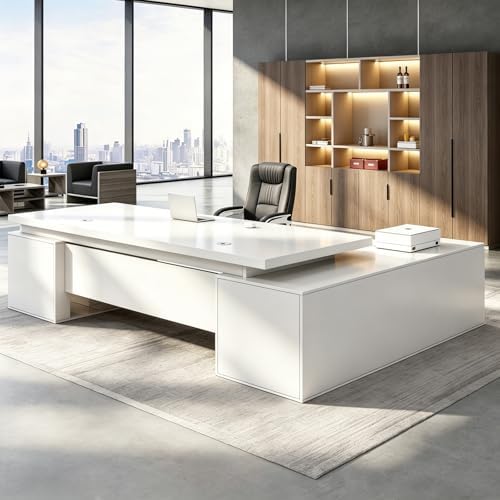 Executive Desk, L Shaped Executive Office Desk with Locking Drawer & File Cabinet, 1'' Thick Desktop, Large Office Desk with Storage, Modern Executive Computer Workstation for Home Office & Business by Unknown