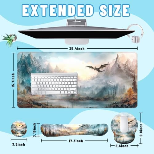 Dragon Desk Mat Set Fantasy Mountain Landscape Fire Sky Large Mouse Pad with Wrist Rest 4in1 Desk Mat for Desktop Ergonomic Computer Desk Arm Wrist Anti-Slip Computer Mouse Pad Home Office Gaming - Image 2