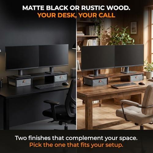 DuoStand Plus - 39” Dual Monitor Riser for Desk with 2 Drawers - Wood & Steel Double Monitor Stand with Storage - Desk Organizer Shelf for Desktop Computer, Laptop, TV & Printer (Rustic Wood) - Image 6