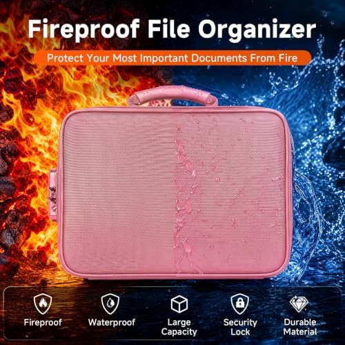 Fireproof Document Box with Lock, 16-Pocket File Organizer, Pink - Image 2