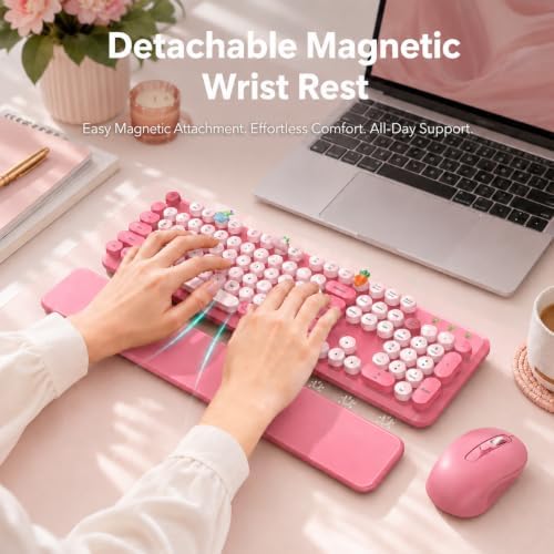 Wireless Keyboard and Mouse Combo, Round Keycaps, Magnetic Wrist Rest, Pink - Image 3