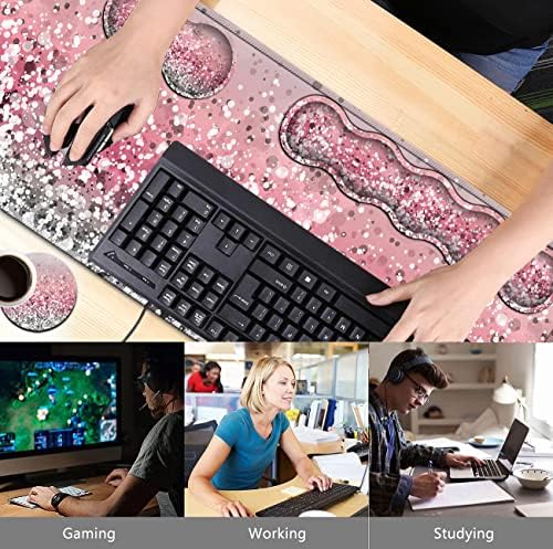 Pink Mouse Pad,Keyboard Mouse Pad Set,Extended Gaming Mouse Pad + Memory Foam Keyboard Wrist Rest Support, Pink Glitter Office Desk Mat Writing Pad Easy Typing Pain Relief,XXL Large Mousepad Desk Mat - Image 2