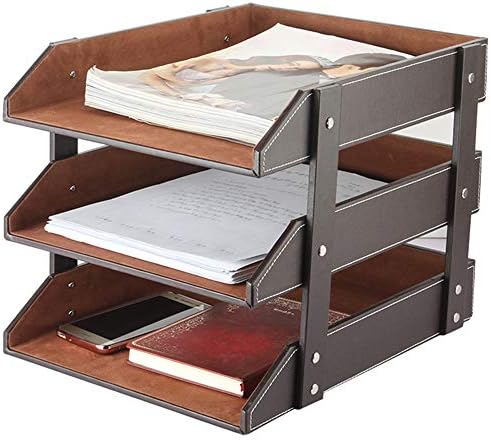 Very Sturdy 3 Tier Leather Desk File Rack for Office Supplies/Stationery/Folder,Stackable Letter Tray Organizer,Document Filing Organizer Holder for Desktop Storage (Brown)… by RHCSZ