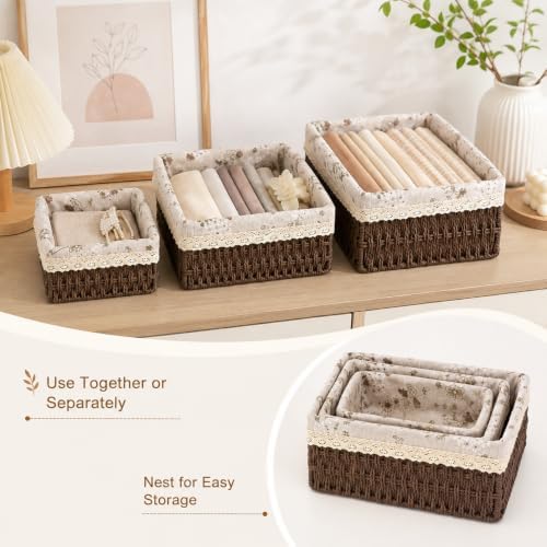 3-Piece Wicker Storage Baskets for Shelves, Storage Basket Set, Coffee - Image 7