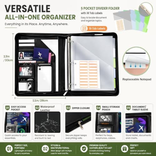 Clipboard with Storage for Men Women, Leather Padfolio Portfolio with Zipper, 1 Inch 3 Ring Binder 5 Dividers, Notepad for Letter Size, Elastic Closure and Pen Loop, Card Slot Black - Image 5