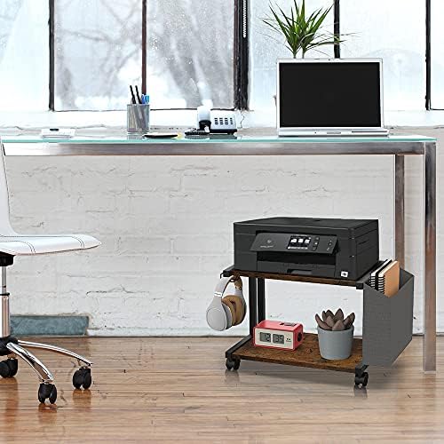 VEDECASA 2 Tier Rustic Brown Wooden Under Desk Printer Stand with Storage Bag for Home Office Desktop Printer Table Organizer Mobile Printer Shelf Cart with Caster Wheel - Image 2