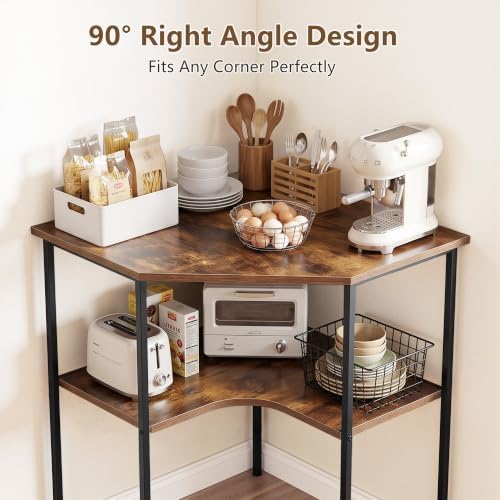 VECELO Small Corner Computer Desk 33 x 30 inches with Storage Shelves for Small Spaces,Triangular Shape,Brown - Image 4