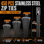 Stainless Steel Cable Tie Gun Set – 300PCS Black Metal Zip Ties (6/8/12", 100PCS Each) with Scissors, Gloves, Storage Bag for Fence Exhaust Automotive - Image 2