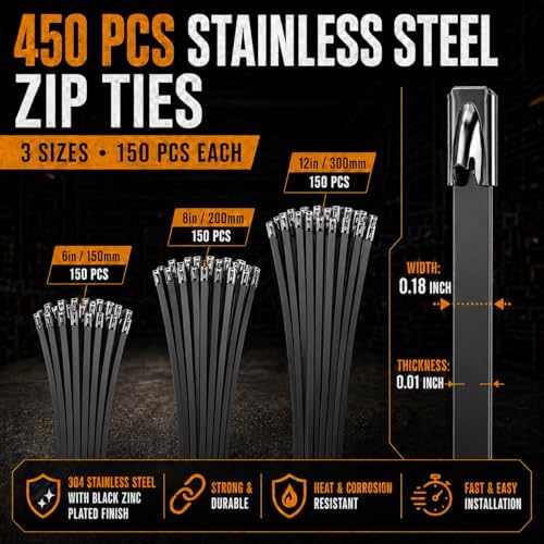 Stainless Steel Cable Tie Gun Set – 300PCS Black Metal Zip Ties (6/8/12", 100PCS Each) with Scissors, Gloves, Storage Bag for Fence Exhaust Automotive - Image 2