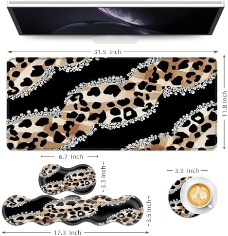 Keyboard Mouse Pad Set, Extended Gaming Mouse Pad+Ergonomics Keyboard Wrist Rest Support, Memory Foam, Easy Typing Pain Relief, 4Pcs XL Ultra Thick Desk Mat,Cute Leopard Pattern - Image 6