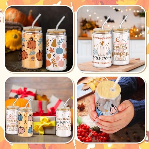 SiliFine 6 Pcs Fall Pumpkin Glass Cups, 16 oz with Lids and Straws - Image 5