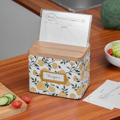 Cabbrix Recipe Box with 50 Cards and 24 Dividers, 4x6 Recipe Card Box Set, Wooden Lid with Phone Holder and Recipe Holder, Beautiful Metal Recipe Organizer, Marigold - Image 4