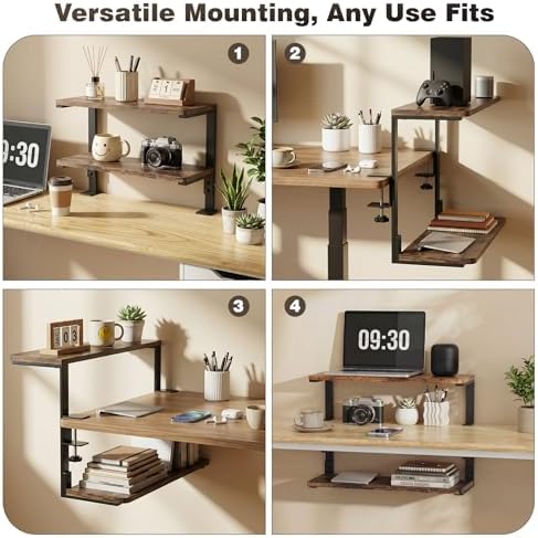 2-Tier Desk Extender, 22-inch Clamp-On Desk Shelf, Height-Adjustable Desktop Shelf Organizer for Monitors Office and Gaming Accessories, Arm Support Table Extension, Dark Brown - Image 4