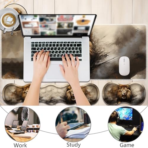 4 in 1 Mouse Pad Combo, Large Gaming Mouse Pad + Keyboard Wrist Support + Mouse Wrist Rest + Coaster, Table Pad with Stitched Edge Ergonomic Wrist Pad Set, Lion - Image 3