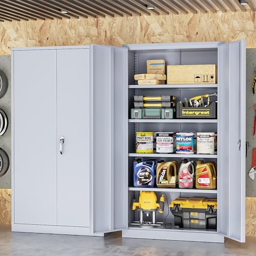 INTERGREAT Metal Storage Cabinet with Doors, 72" Locking Steel Storage Cabinet with Shelves, Tall Metal Cabinet Lockable Steel Cabinets for Home Office, Garage,(Cement) - Image 2