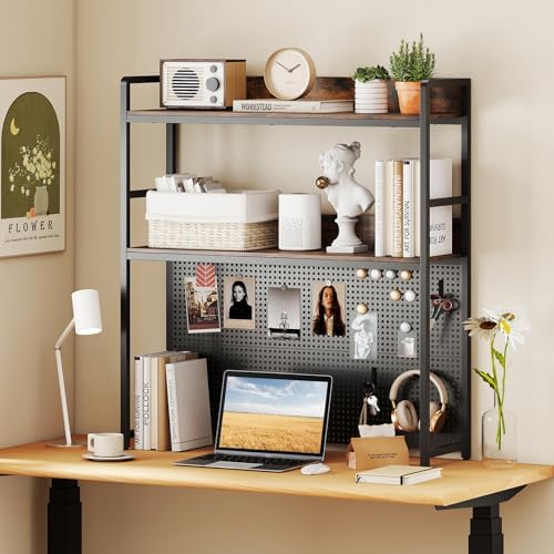 Desk Hutch, 37" Desktop Bookshelf with Pegboard, Countertop Storage Hutch for Computer Monitor, 2-Tier Desk Display Rack, Desktop Organizer Shelf for Dorm Home Office, Rustic Brown by SILKYDRY