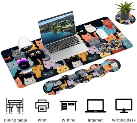Keyboard Mouse Pad Set, Extended Gaming Mouse Pad+Ergonomics Keyboard Wrist Rest Support, Memory Foam, Easy Typing Pain Relief, 4Pcs XL Ultra Thick Desk Mat,Cute Cartoon Cat - Image 3