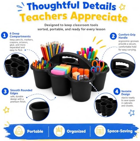 6 Pack Black Classroom Caddy with Handle, 6-Compartment Supply Organizer - Image 3