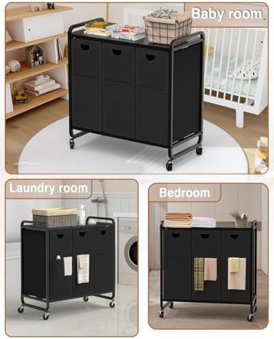 Laundry Sorter 3 Section,Laundry Basket with Wheels,3×15.8 Gal (60L) Black - Image 7