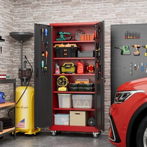 Aobabo Metal Garage Storage Cabinets with Wheels,Steel Cabinets with 5 Adjustable Shelves for Garage Home Office Storage, Red-Black,Assembly Required - Image 2
