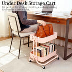 2 Tier Rolling Cart with Wheels for Under Desk Storage, Pink Small Rolling Pantry Storage Cart for Small Space, Metal Short Utility Shelf for Vanity Kitchen Bathrrom Laundry Organization - Image 2