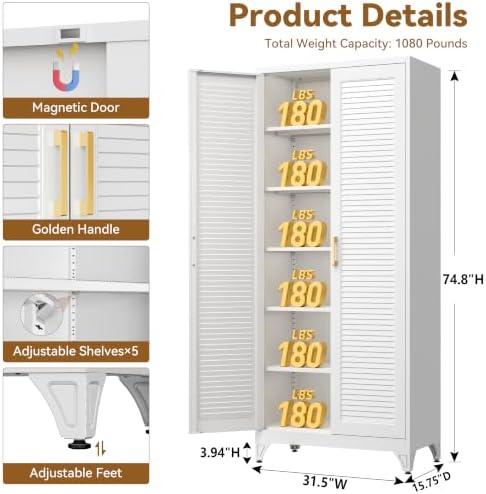 Polup 75" Pantry Cabinet, Tall Metal Storage Cabinet with Doors and Shelves - Image 3