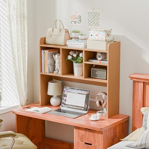SUPER DEAL Desktop Bookshelf, Countertop Storage Hutch with 4 Shelves for Computer Desk, 2-Tier Display Rack, Multipurpose Wood Desk Hutch Storage Organizer for Home Office Dorm, Natural - Image 2